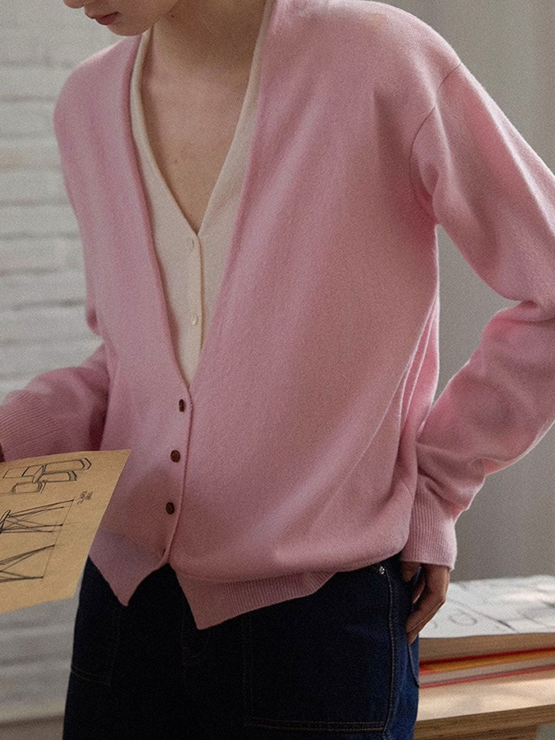 Andrea Classic V-Neck Faux Two-Piece Knitted Cardigan