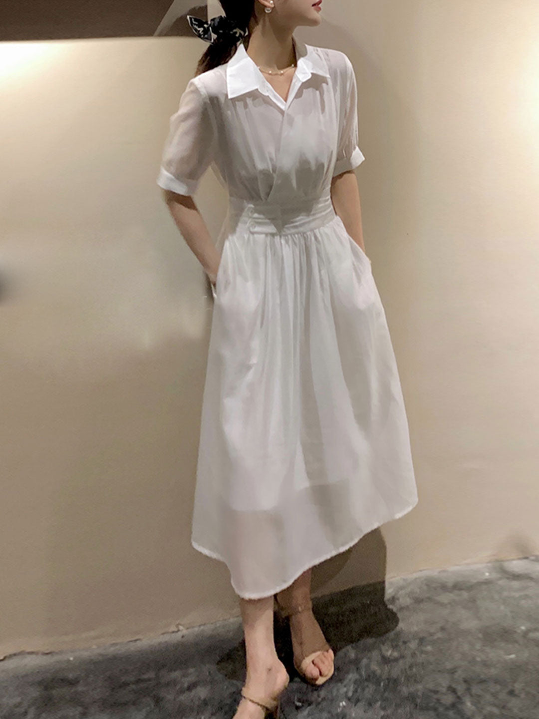 Anna Retro Puff Sleeve Lapel Dress-White