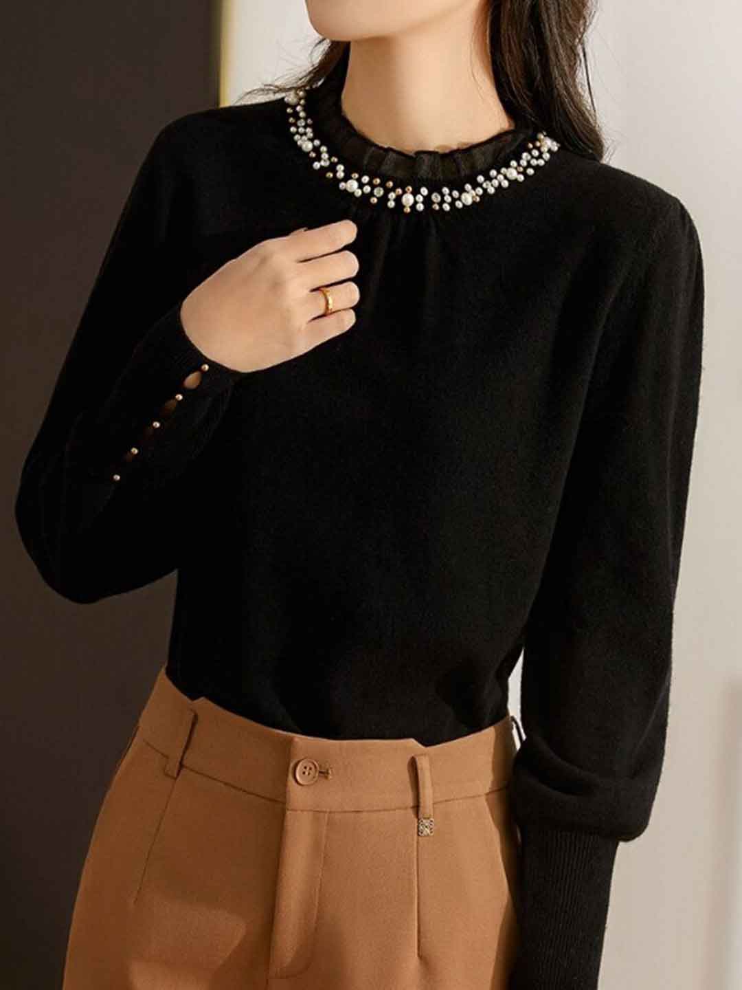 Raya Chic Auricular Collar Lace Beaded Knitted Top