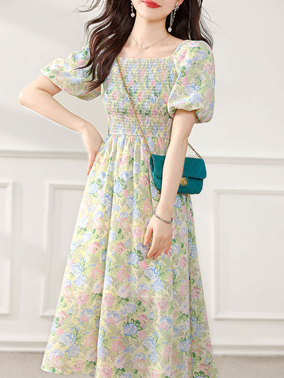 Sophia Retro Puff Sleeve Floral Dress-Green