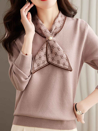 Andrea Loose Bow Scarf Collar Knitted Top