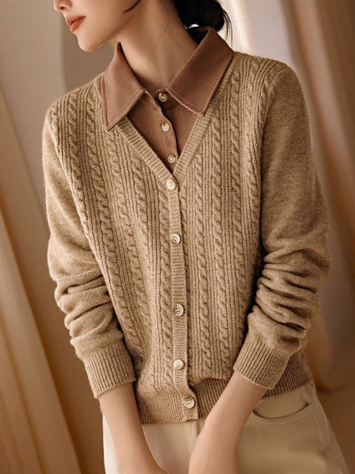 Emily Retro Lapel Stitched Patchwork Knitted Sweater