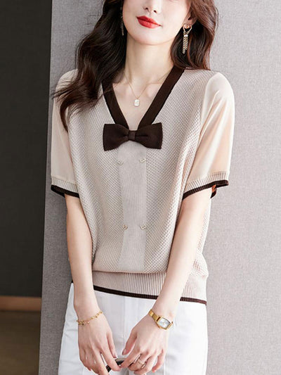 Brianna Loose V-neck Bow Knitted Top-Coffee