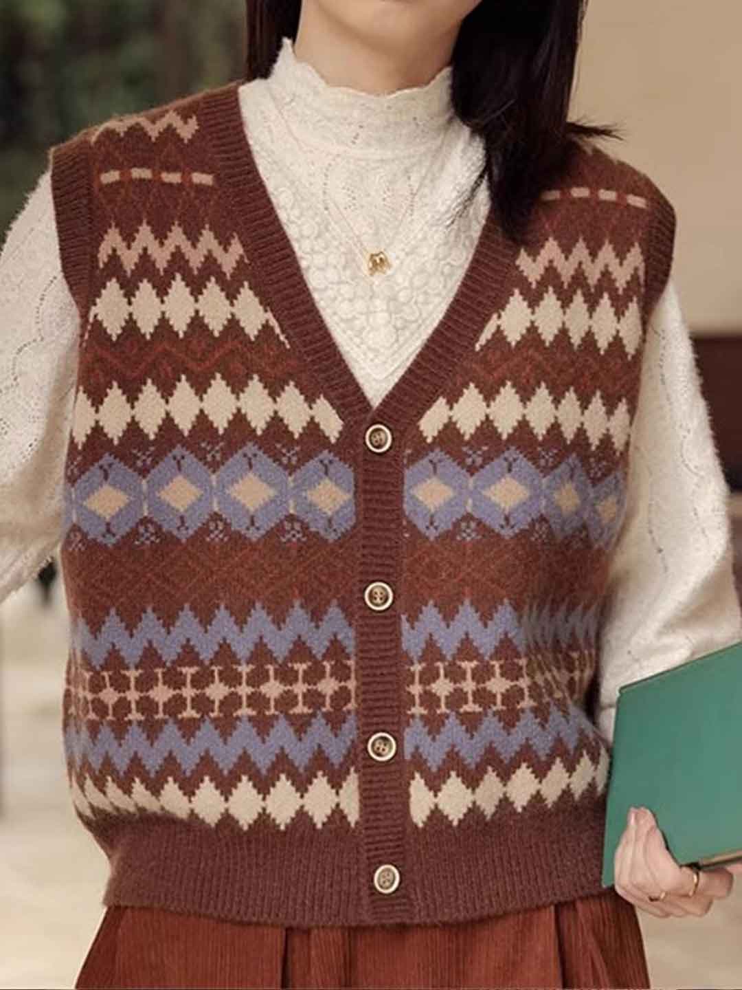 Olivia Retro V-Neck Diamond Knitted Vest