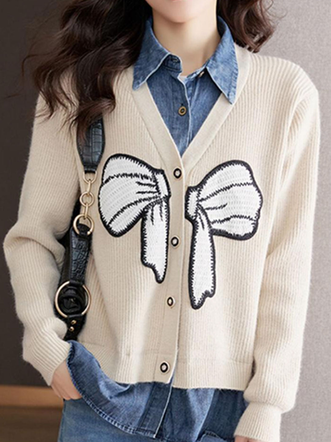 Freda Loose Denim Patchwork Mock Two-Piece Knitted Cardigan