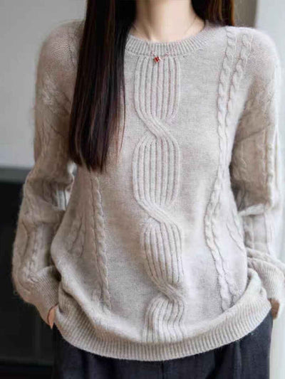 Ariana Casual Crew Neck Cable Knitted Pullover Sweater-Blue