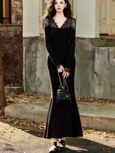 Ella Elegant V-neck Lace Knitted Dress