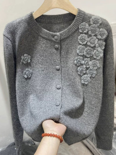 Aubrey Classic Crew Neck Flower Knitted Cardigan