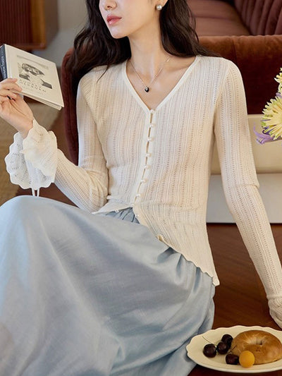 Zoe Slim V-Neck Flare Sleeve Pearl Hollowed Knitted Cardigan