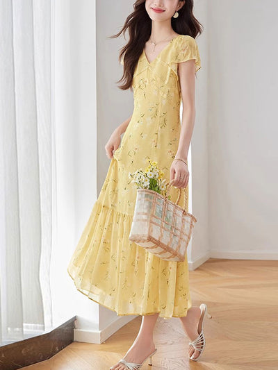 Rachel Vacation V-neck Chiffon Floral Dress