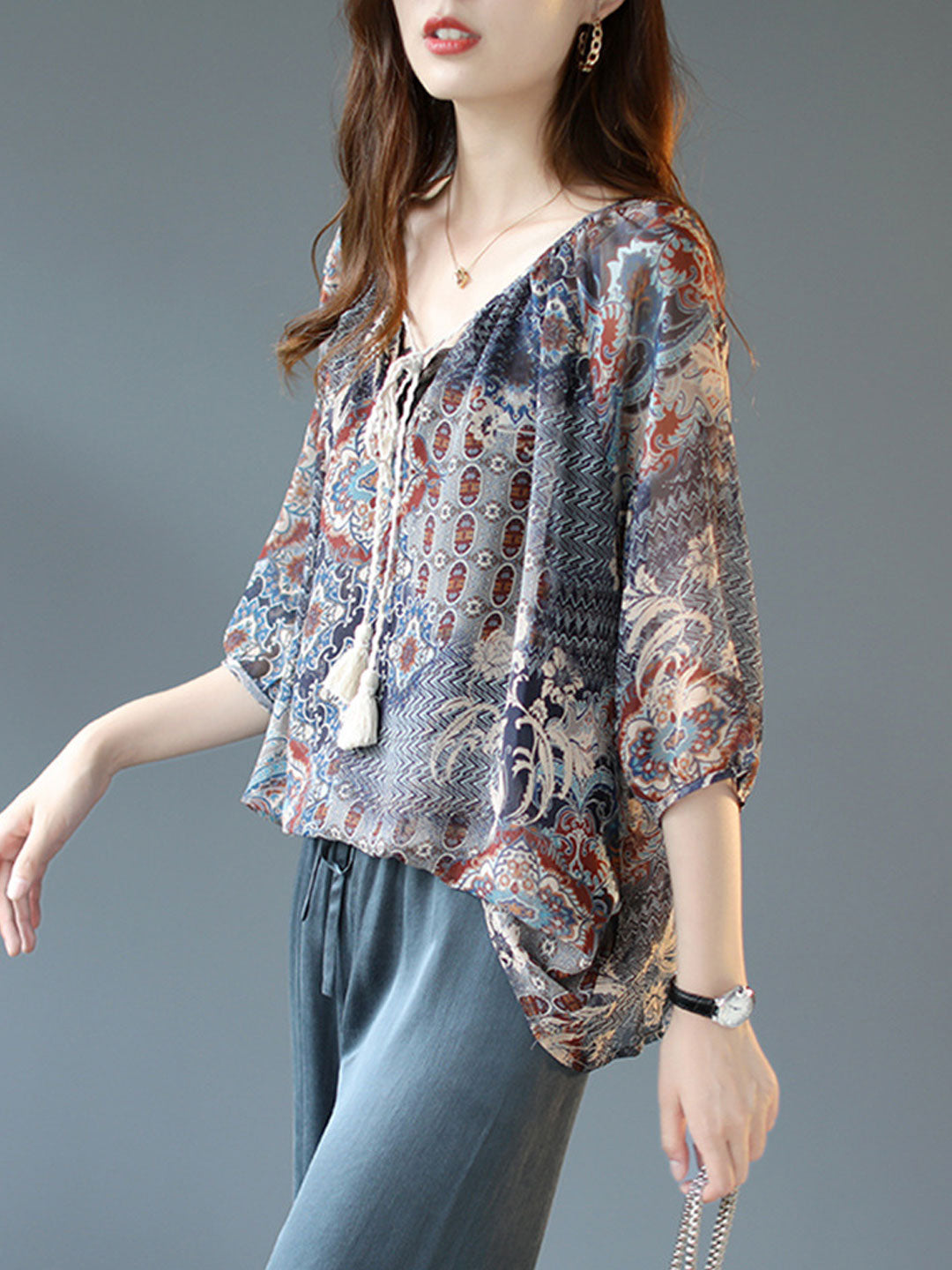 Kayla Loose Lantern Sleeve Auricular Floral Chiffon Top