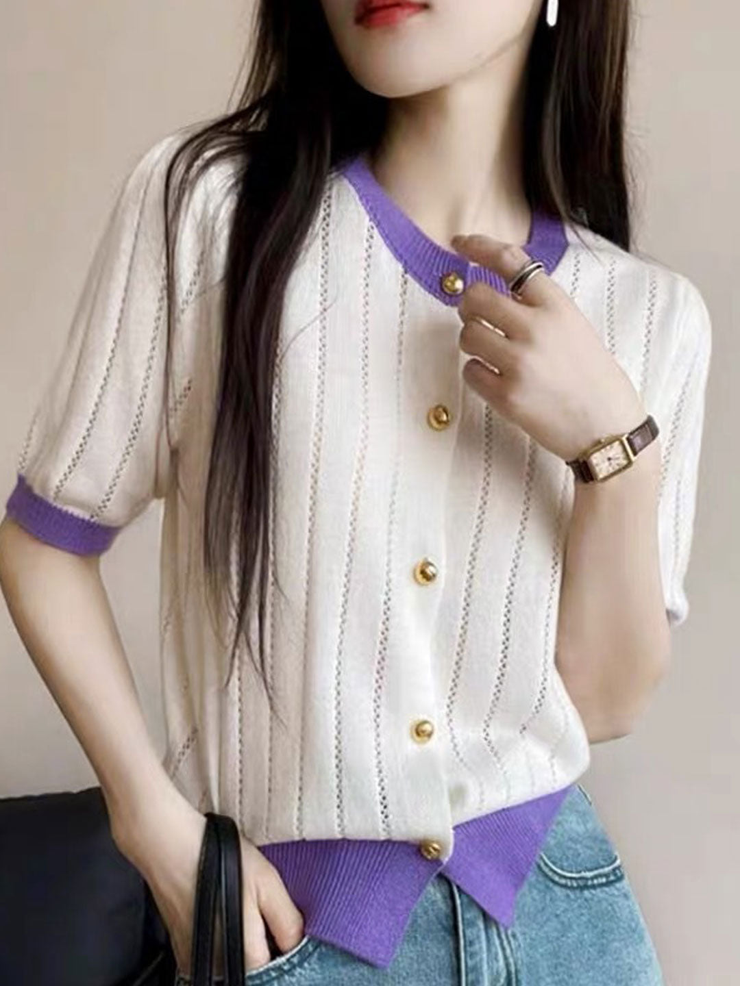 Anna Crew Neck Hollowed Color Block Knitted Cardigan