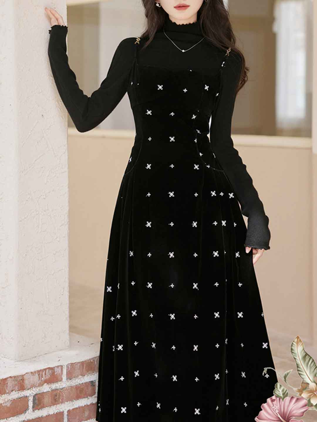 Kayla Retro Velvet Embroidered Slip Dress Two-Piece Set