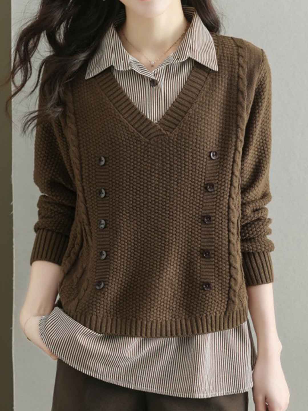 Jocelyn Loose Mock Two-Piece Striped Knitted Top