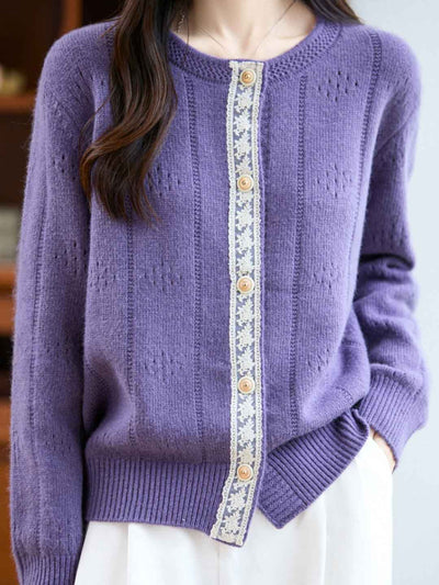 Julia Loose Crew Neck Solid Color Lace Knitted Cardigan-Orange