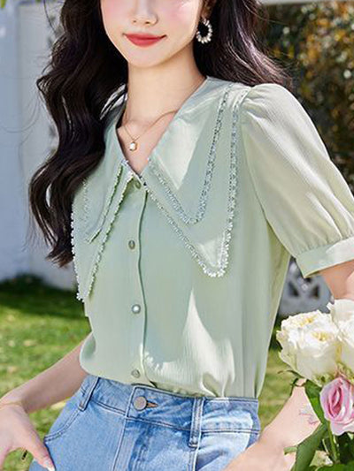 Mya Loose Double Layer Lace Collar Puff Sleeve Top