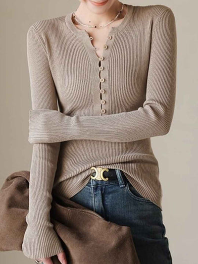 Brianna Slim Placket Front Solid Color Knitted Top