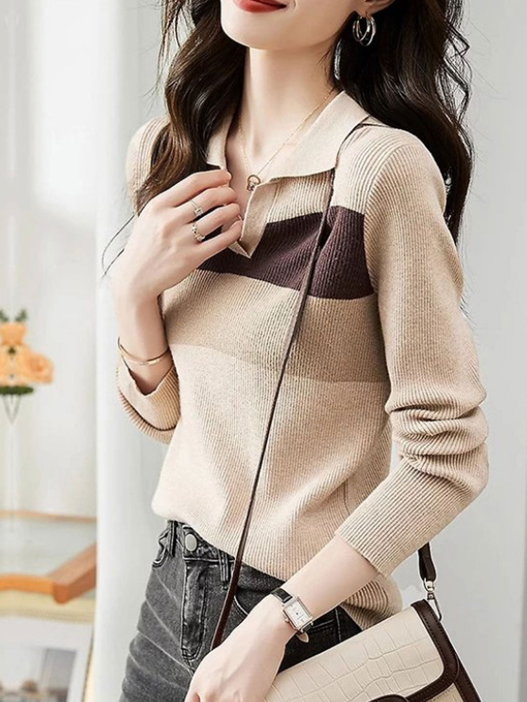 Sarah Classic Contrast Color Pullover Knitted Top