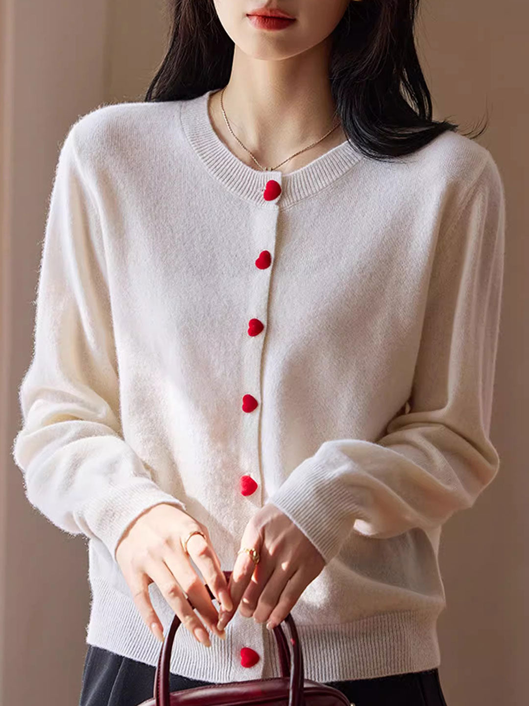 Raya Elegant Crew Neck Heart Button Knitted Cardigan-Pink