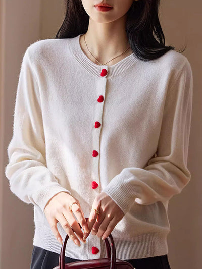 Raya Elegant Crew Neck Heart Button Knitted Cardigan-Pink