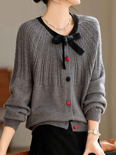 Abigail Loose Crew Neck Color-Blocked Bow Knitted Cardigan
