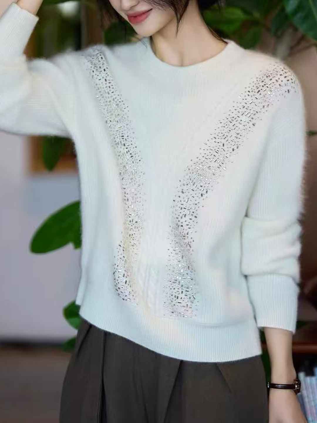 Sophie Loose Crew Neck Rhinestone Pullover Knitted Sweater