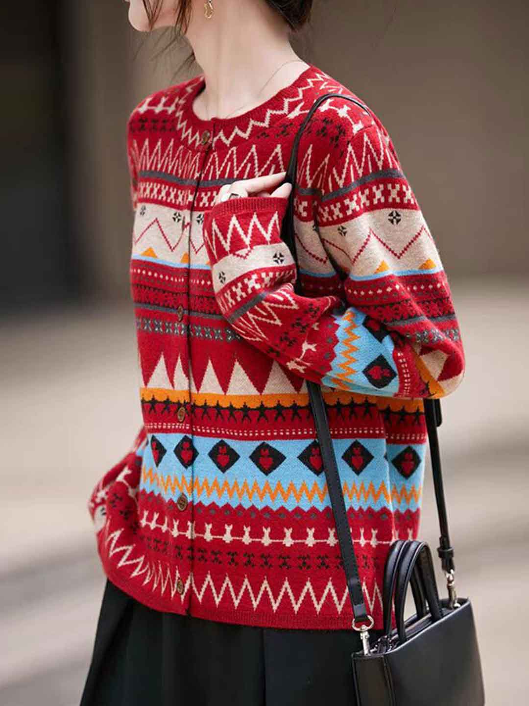 Sofia Classic Crew Neck Jacquard Knitted Cardigan