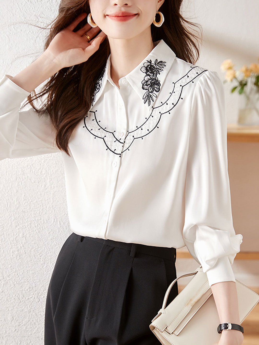 Paige Classic Embroidered Doll Collar Puff Sleeve Shirt