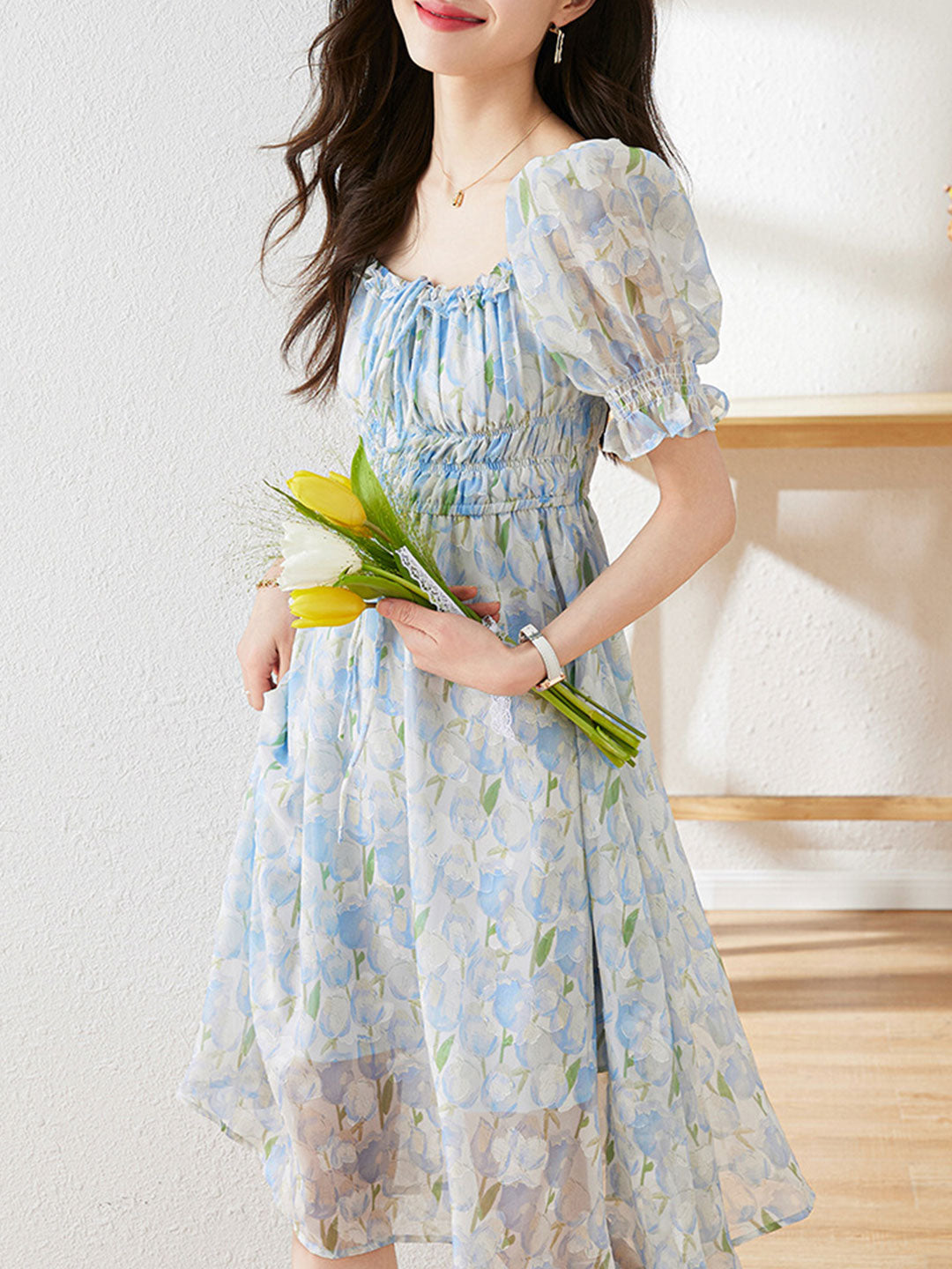 Kayla Classic Jacquard Puff Sleeve Chiffon Dress-Blue