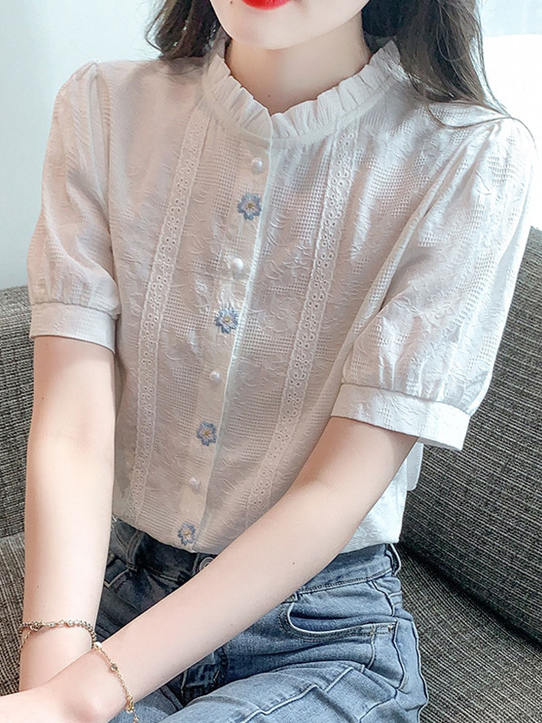 Lauren Retro Embroidered Jacquard Shirt-White