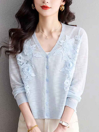Zoe Elegant V-Neck Hollowed Embroidered Knitted Cardigan-White
