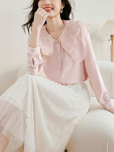 Raya Retro Doll Collar Embroidered Chiffon Shirt