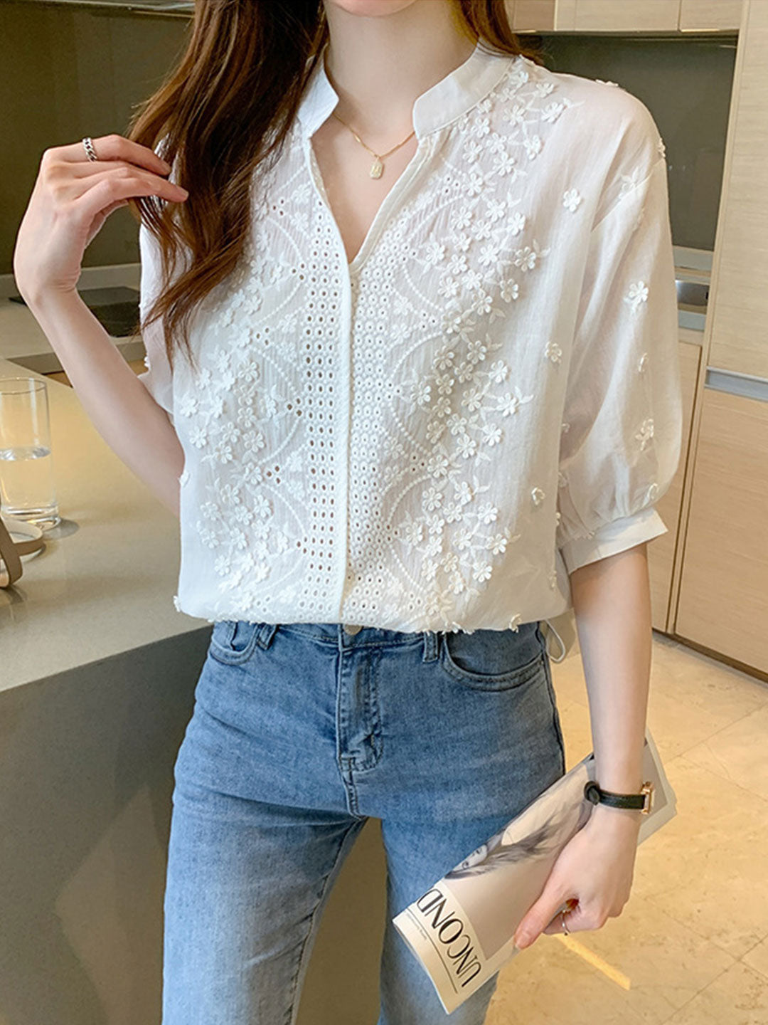 Alexa Embroidered Jacquard Lace Shirt