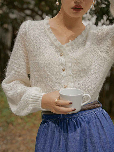 Grace Retro Auricular Collar Solid Color Knitted Cardigan