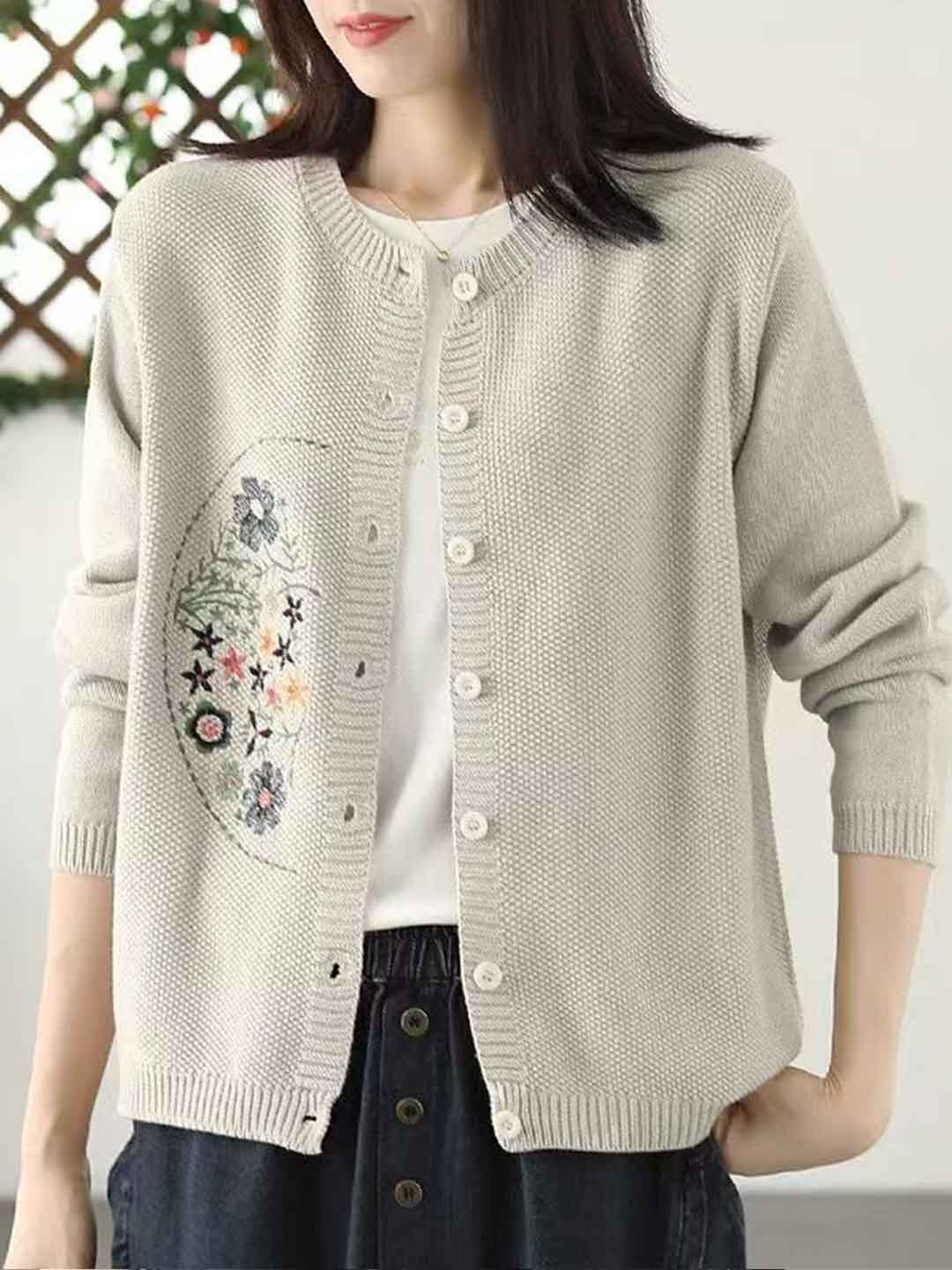 Anna Classic Crew Neck Embroidered Knitted Cardigan
