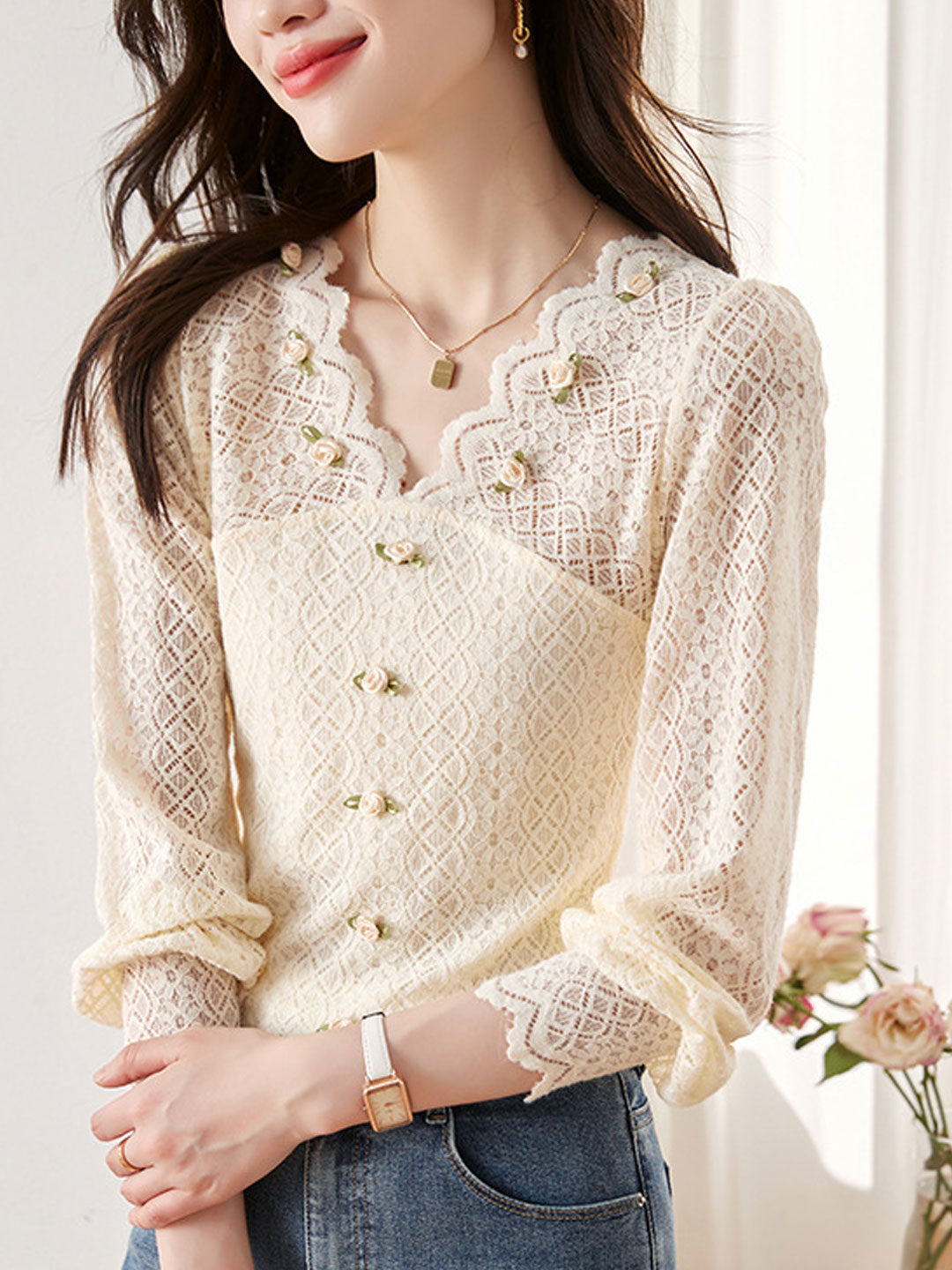 Mia Retro V-Neck Hollowed Balloon Sleeve Lace Blouse