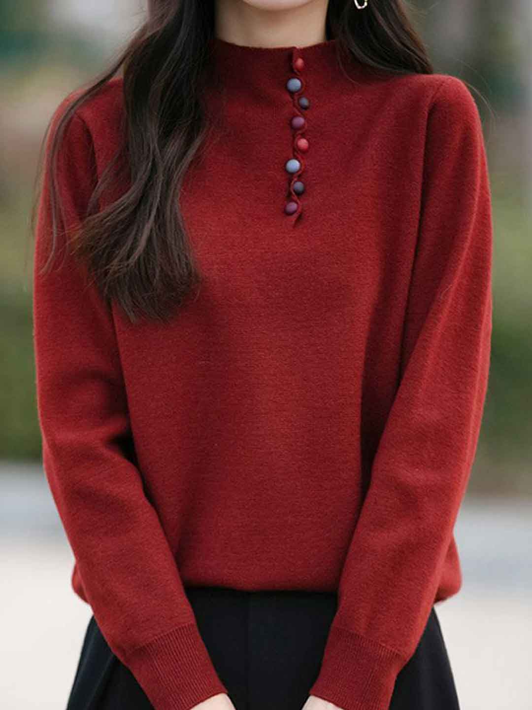 Gianna Loose Turtleneck Colorful Buttoned Knitted Top