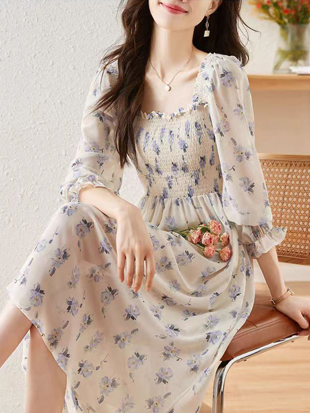 Zoey Retro Chiffon Printed Floral Dress