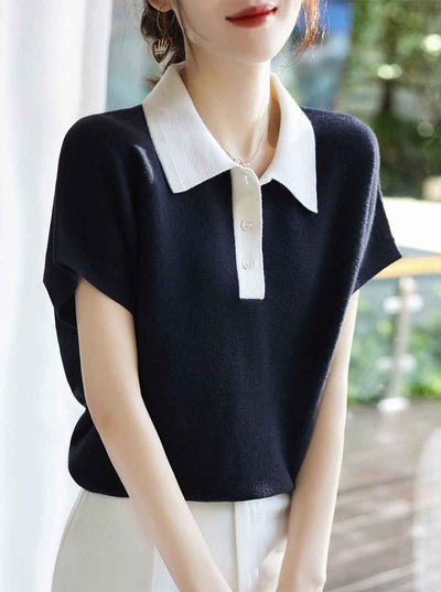 Amelia Casual Lapel Contrasting Knitted Top