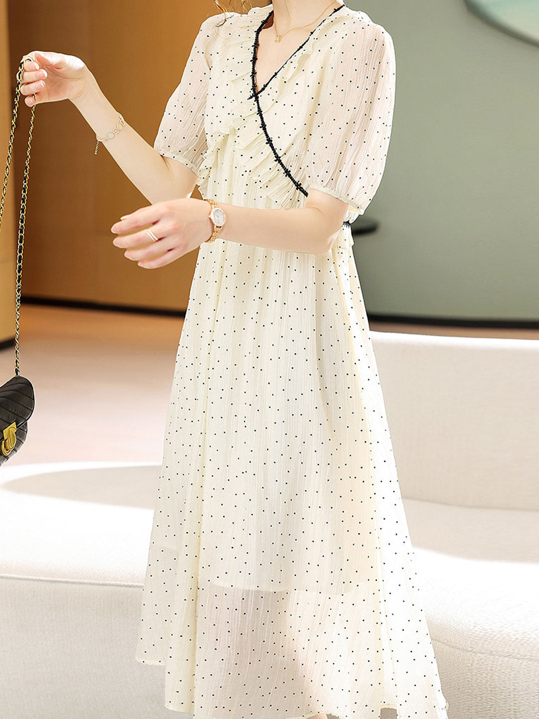 Olivia Retro Chiffon Polka-Dot Dress-Apricot