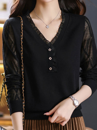 Julia Retro V-Neck Lace Trimmed Knitted Top