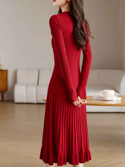 Sophia Elegant Crew Neck Fishtail Pleated Knitted Dress
