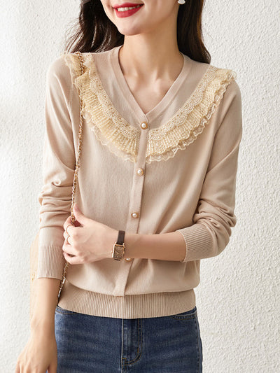 Jessica Retro V-neck Lace Knitted Sweater