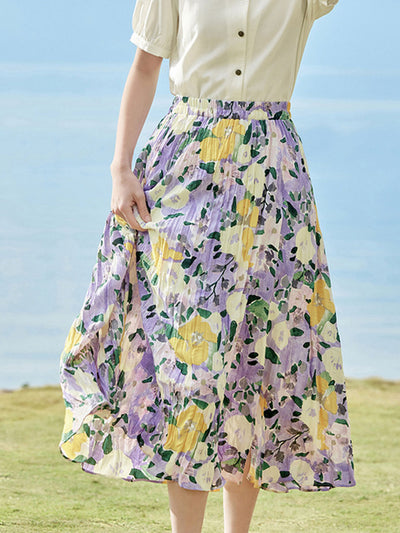 Maria Elegant Pleated Floral Slit Skirt