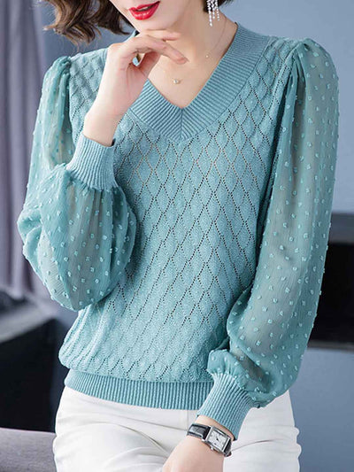 Taylor Classic V-Neck Sheer Sleeve Solid Color Top