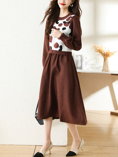 Olivia Classic Waist Puff Sleeve Patchwork Sweater Dress Set