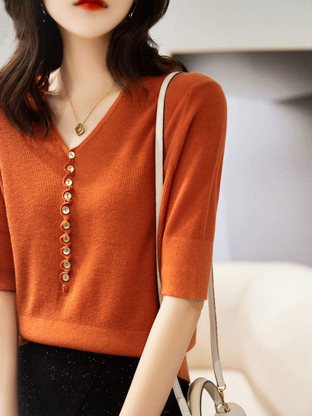 Kayla Loose V-Neck Button Knitted Top-Orange