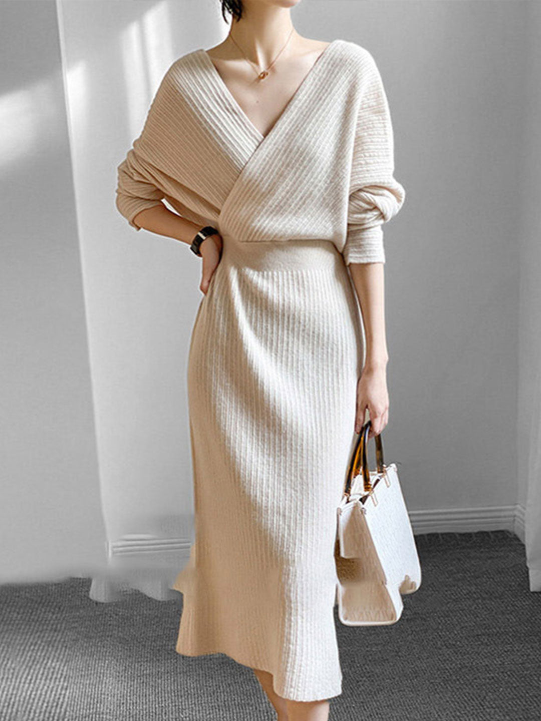 Grace Vintage V-neck Knitted Sweater Dress-Beige Roselili Grace Vintage V-neck Knitted Sweater Dress-Beige Roselili
