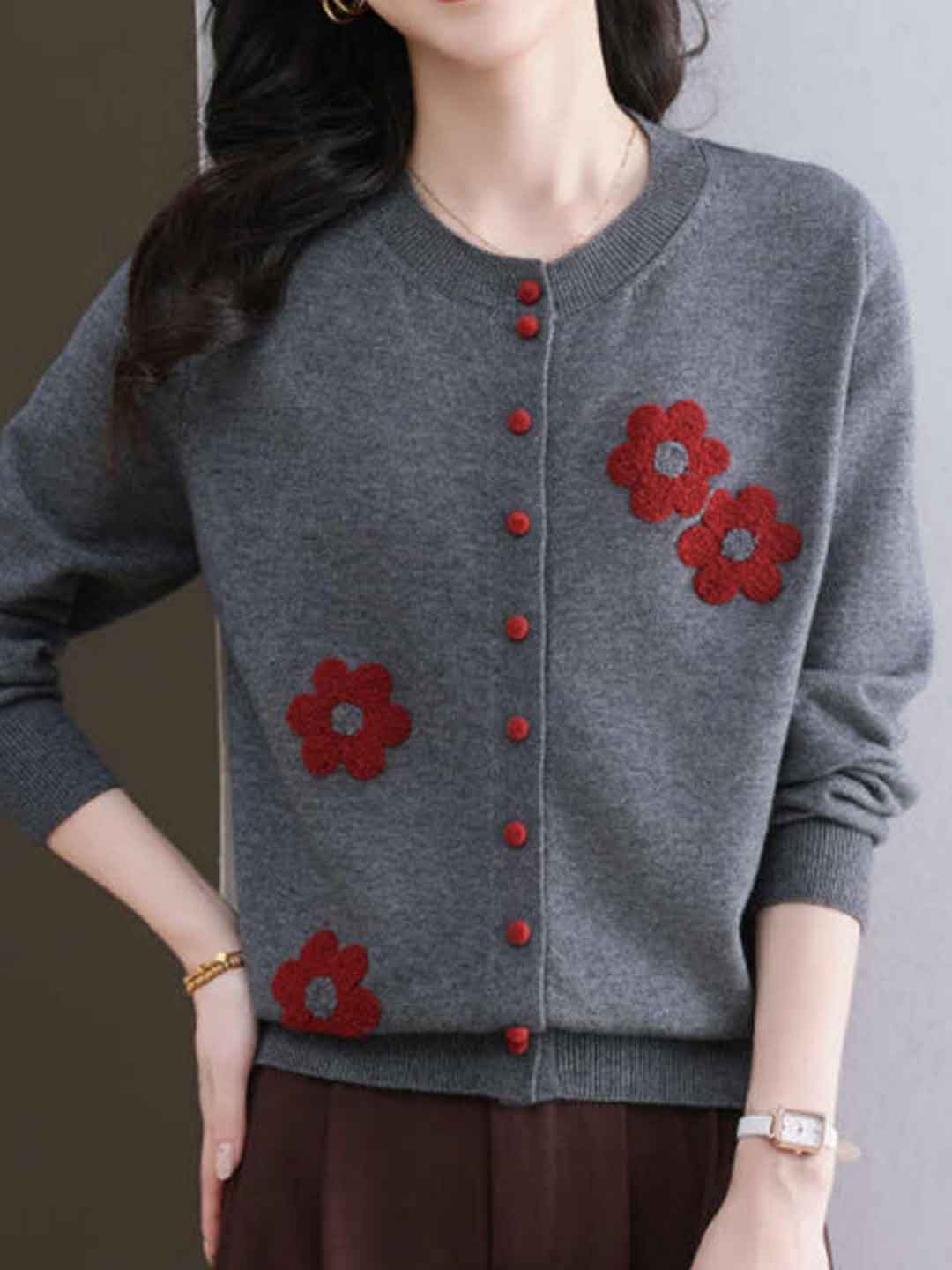 Destiny Daily Crew Neck Embroidered Knitted Cardigan