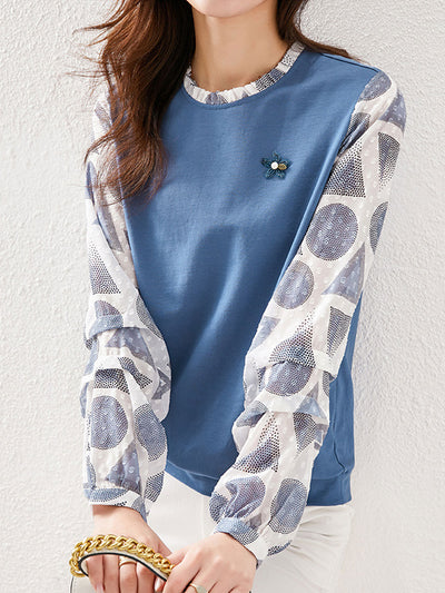 Riley Loose Polka Dot Printed Sleeve Patchwork Top